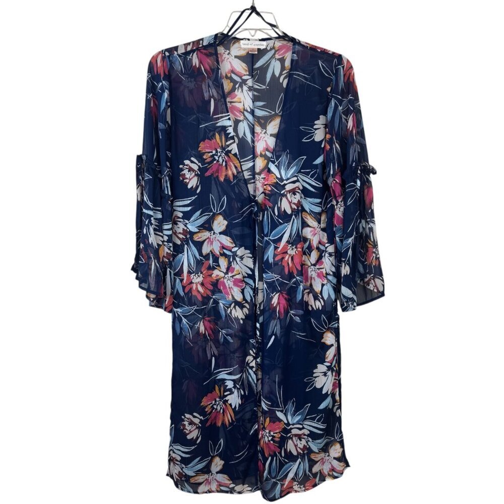 Band of Gypsies Navy Floral Sheer Kimono Duster Long Line Size XS Flowy Feminine